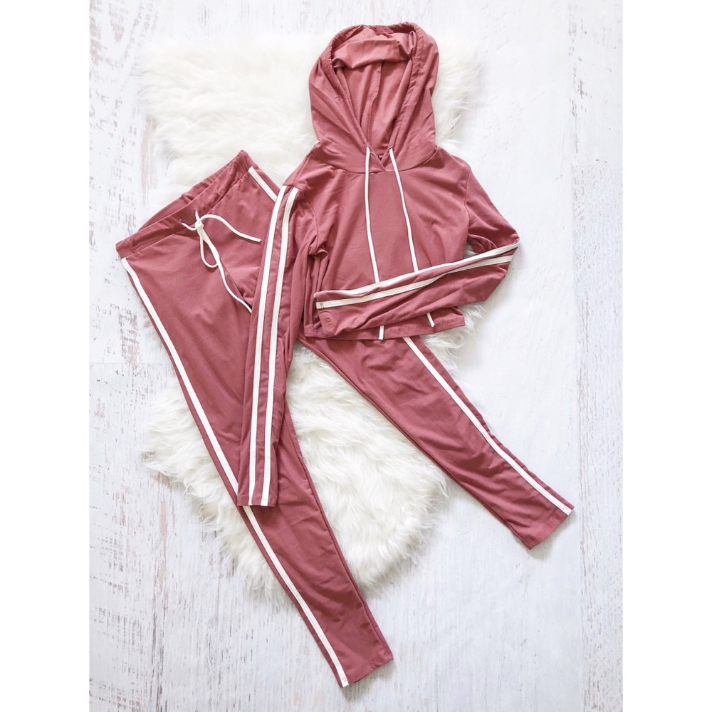 2 Piece Mauve Tracksuit Leggings Cropped Hoodie - Picture 3 of 3